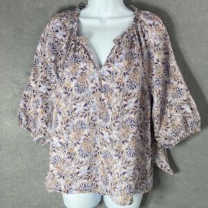 J Jill‎ Love Linen Floral Blouse Ruffle V-Neck 3/4 Sleeve Top Lightweight Boho M